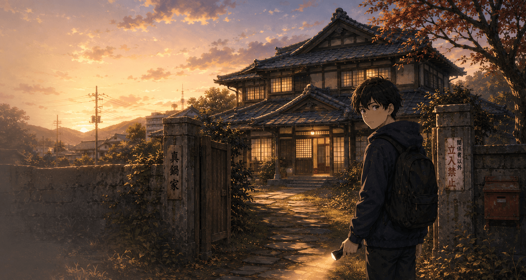 Shinji standing outside an old house at dusk, holding a flashlight
